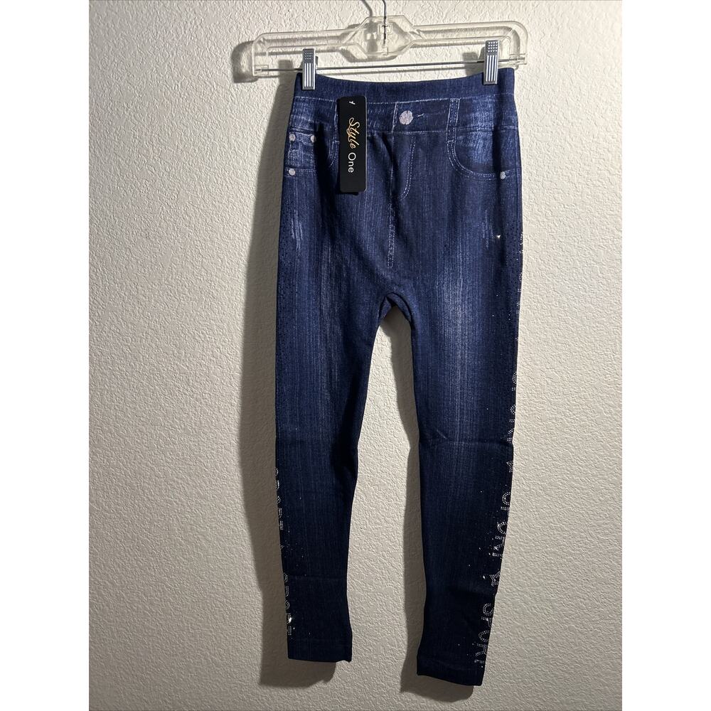 Women’s Style One Regular One Size Leggings Navy Blue Sport Rhinestones On Legs